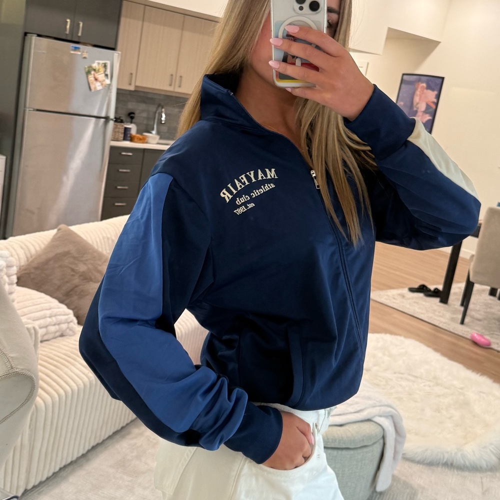 Navy Blue Bomber Jacket by Mayfair